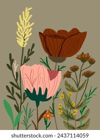 Aesthetic Colorful flowers patterns on green background for branding, fabric print, wallpaper, social media post, doodle, notes, book covers, wall decor.