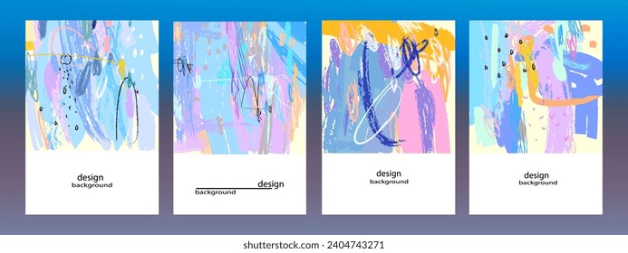 Aesthetic colorful rough abstract hand drawn background vector set. Grunge brushes line art artistic.