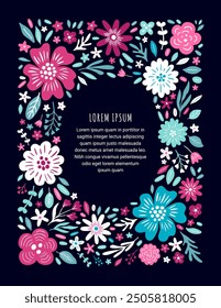 Aesthetic composition with floral pattern. Boho flower frame with place for text. Provence style print for rsvp cards, wedding invitations, notebook, diary, notepad covers. EPS 10 vector illustration.