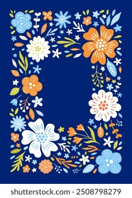 Aesthetic composition with floral pattern. Boho flower frame with place for text. Provence style print for rsvp cards, wedding invitations, notebook, diary, notepad covers. EPS 10 vector illustration.