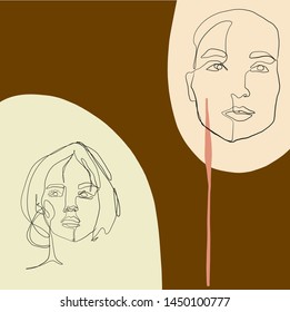 Aesthetic composition with woman drawing on c freehand background with brush shapes. Abstract creative portrait of a model girl in modern trendy graphic style. Contemporary unusual art. 