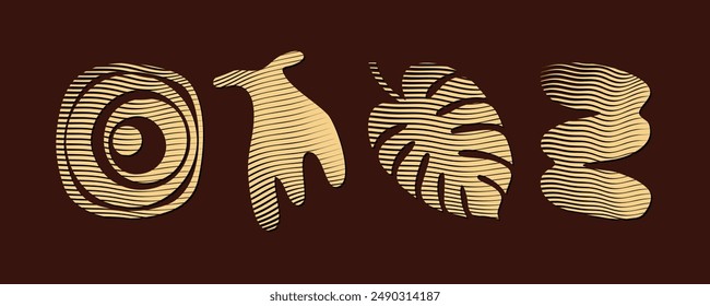 Aesthetic contemporary minimalist wall art featuring foliage and geometric abstract shapes in golden color. Printable home decor wall prints for interior design.