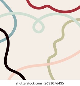 Padrão estético imprimível contemporâneo com formas abstratas. Fundo abstrato no vetor de estilo minimalista de meados do século. Bege, cinza, preto, verde, rosa, azul.