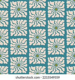 Aesthetic Contemporary printable retro groovy flowers seamless pattern. Decorative Hippie Naive 60's, 70's style Vintage boho background in minimalist style for fabric, wallpaper or wrapping