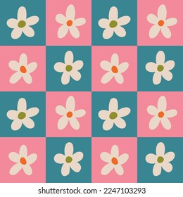 Aesthetic Contemporary printable retro groovy flowers seamless pattern. Decorative Hippie Naive 60's, 70's style Vintage boho background in minimalist style for fabric, wallpaper or wrapping