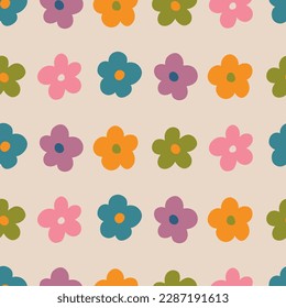 Aesthetic Contemporary printable retro groovy flowers seamless pattern. Decorative Hippie Naive 60's, 70's style Vintage boho background in minimalist style for fabric, wallpaper or wrapping