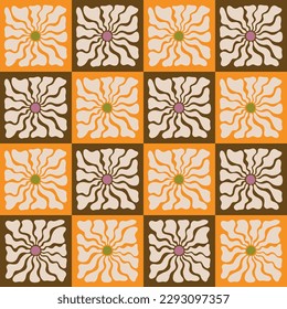 Aesthetic Contemporary printable retro groovy flowers seamless pattern. Decorative Hippie Naive 60's, 70's style Vintage boho background in minimalist style for fabric, wallpaper or wrapping