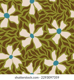 Aesthetic Contemporary printable retro groovy flowers seamless pattern. Decorative Hippie Naive 60's, 70's style Vintage boho background in minimalist style for fabric, wallpaper or wrapping