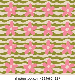 Aesthetic Contemporary printable retro groovy flowers seamless pattern. Decorative Hippie Naive 60's, 70's style Vintage boho background in minimalist style for fabric, wallpaper or wrapping