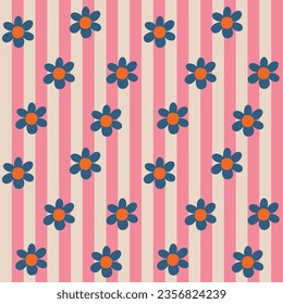 Aesthetic Contemporary printable retro groovy flowers seamless pattern. Decorative Hippie Naive 60's, 70's style Vintage boho background in minimalist style for fabric, wallpaper or wrapping