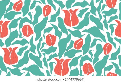 Aesthetic contemporary printable retro tulip flowers - seamless pattern in decorative turkish style background.