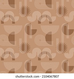 Aesthetic Contemporary printable seamless pattern with abstract Minimal elegant line brush stroke shapes and line in nude colors. Pastel boho background in minimalist mid century style vector