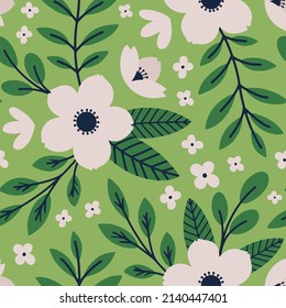 Patrón estético contemporáneo imprimible sin fisuras con diseño de impresión botánica de primavera. La camomila decorativa, las flores y las hojas. Fondo de color negro pastel de estilo minimalista para tela, papel pintado 