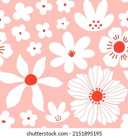 Patrón estético contemporáneo imprimible sin fisuras con diseño de impresión botánica de primavera. Flores y hojas decorativas. El fondo de los boho pastel al estilo minimalista de mediados de siglo para la tela