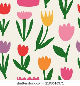 Aesthetic Contemporary printable seamless pattern with retro groovy flowers. Decorative Naive 60's, 70's style Vintage boho background in minimalist mid century style for fabric, wallpaper or wrapping