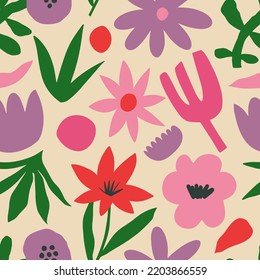 Aesthetic Contemporary printable seamless pattern with retro groovy flowers. Decorative Naive 60's, 70's style Vintage boho background in minimalist mid century style for fabric, wallpaper or wrapping