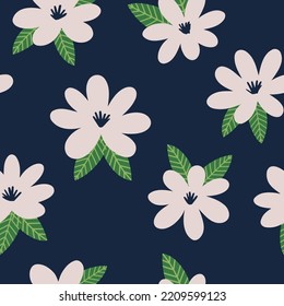 Patrón estético contemporáneo imprimible sin fisuras con diseño de impresión botánica de primavera. La camomila decorativa, las flores y las hojas. El fondo de la caja pastel en estilo para tela, papel pintado o envoltura.