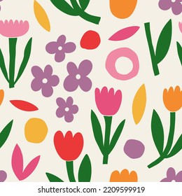 Aesthetic Contemporary printable seamless pattern with retro groovy flowers. Decorative Naive 60's, 70's style Vintage boho background in minimalist mid century style for fabric, wallpaper or wrapping