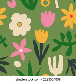 Aesthetic Contemporary printable seamless pattern with retro groovy flowers. Decorative Naive 60's, 70's style Vintage boho background in minimalist mid century style for fabric, wallpaper or wrapping