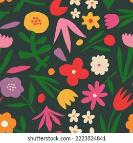 Aesthetic Contemporary printable seamless pattern with retro groovy flowers. Decorative Naive 60's, 70's style Vintage boho background in minimalist mid century style for fabric, wallpaper or wrapping