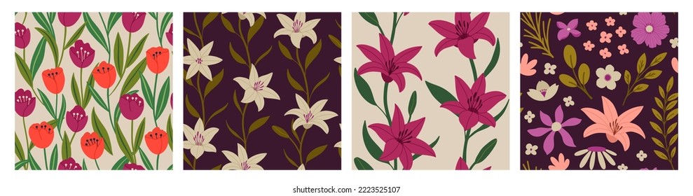 Patrón estético contemporáneo imprimible sin fisuras con diseño de impresión botánica de primavera. La camomila decorativa, las flores y las hojas. Fondo de color negro pastel de estilo minimalista para tela, papel pintado 