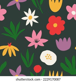 Aesthetic Contemporary printable seamless pattern with retro groovy flowers. Decorative Naive 60's, 70's style Vintage boho background in minimalist mid century style for fabric, wallpaper or wrapping