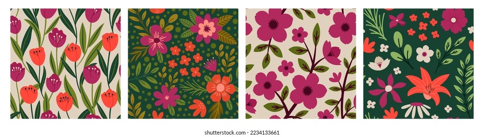 Patrón estético contemporáneo imprimible sin fisuras con diseño de impresión botánica de primavera. La camomila decorativa, las flores y las hojas. El fondo de los boho pastel al estilo minimalista de mediados de siglo para la tela