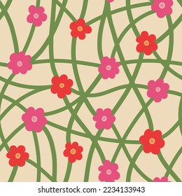Aesthetic Contemporary printable seamless pattern with retro groovy flowers. Decorative Naive 60's, 70's style Vintage boho background in minimalist mid century style for fabric, wallpaper or wrapping