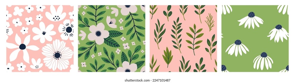 Ästhetisches, zeitgenössisches, nahtloses Muster mit dem botanischen Druckdesign von Spring. Dekorative Kamille, Blumen und Blätter. Pastellfarbener Hintergrund im minimalistischen Stil, Tapete 