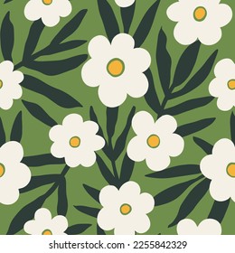 Aesthetic Contemporary printable seamless pattern with retro groovy flowers. Decorative Naive 60's, 70's style Vintage boho background in minimalist mid century style for fabric, wallpaper or wrapping