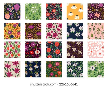Aesthetic Contemporary printable seamless pattern with Spring botanical print design. Decorative chamomile, flowers and leaves. Pastel boho background in minimalist  style for fabric, wallpaper