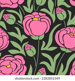 Aesthetic contemporary printable seamless pattern with peonies. Modern floral background for textile, fabric, wallpaper, wrapping, gift wrap, paper, scrapbook and packaging.Vector naive art print