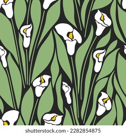Aesthetic contemporary printable seamless pattern with calla lilies. Modern floral background for textile, fabric, wallpaper, wrapping, gift wrap, paper, scrapbook and packaging.Vector naive art