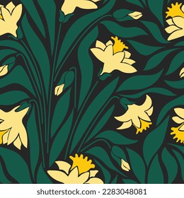 Patrón estético contemporáneo imprimible sin fisuras con narciso. Fondo floral moderno para textiles, tejidos, papel pintado, envoltura, envoltura de regalo, papel, libro de chatarra y embalaje.Arte naif vectorial 