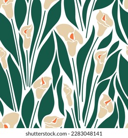 Aesthetic contemporary printable seamless pattern with calla lilies. Modern floral background for textile, fabric, wallpaper, wrapping, gift wrap, paper, scrapbook and packaging.Vector naive art