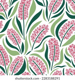 Aesthetic contemporary printable seamless pattern with hyacinths. Modern floral background for textile, fabric, wallpaper, wrapping, gift wrap, paper, scrapbook and packaging.Vector naive art