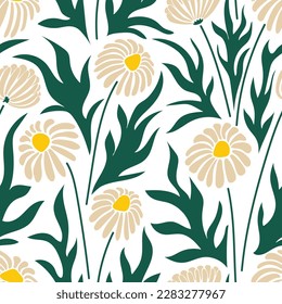 Aesthetic contemporary printable seamless pattern with chamomiles. Modern floral background for textile, fabric, wallpaper, wrapping, gift wrap, paper, scrapbook and packaging.Vector naive art print	