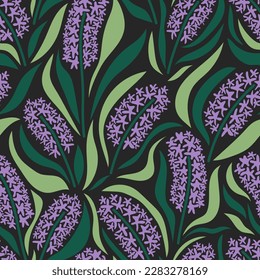Aesthetic contemporary printable seamless pattern with hyacinths. Modern floral background for textile, fabric, wallpaper, wrapping, gift wrap, paper, scrapbook and packaging.Vector naive art