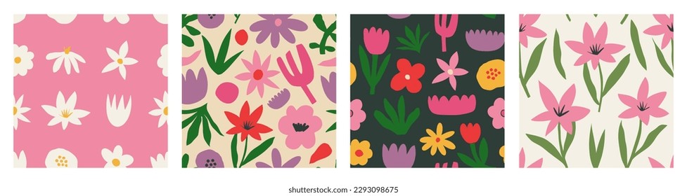 Patrón estético contemporáneo imprimible sin fisuras con flores retro groovy. Decorativo estilo de los años 60, estilo de los años 70. Fondo de boho vintage de estilo minimalista de mediados de siglo para tela, papel pintado o envoltura