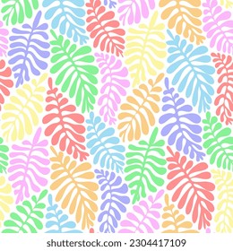 Aesthetic contemporary printable seamless pattern with leaves in pastel rainbow colors. Modern floral background for textile, fabric, wallpaper, wrapping, gift wrap, paper, scrapbook and packaging