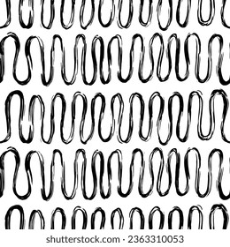 Aesthetic Contemporary printable seamless pattern with abstract line, dot, shape brush stroke in black and white colors. Boho background in minimalist style vector Illustration for wallpaper, fabric