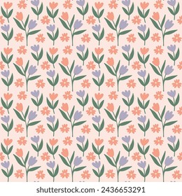 Aesthetic contemporary printable seamless pattern with tulips. Modern floral background for textile, fabric, wallpaper, wrapping, gift wrap, paper, scrapbook and packaging.Vector naive art print