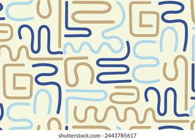 Patrón estético contemporáneo imprimible sin fisuras con colores azules líneas abstractas y juguetonas sobre un fondo beige. Fondo vectorial en estilo minimalista de mediados de siglo