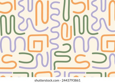 Patrón estético contemporáneo imprimible sin fisuras con líneas coloridas abstractas y juguetonas sobre un fondo beige. Fondo vectorial en estilo minimalista de mediados de siglo