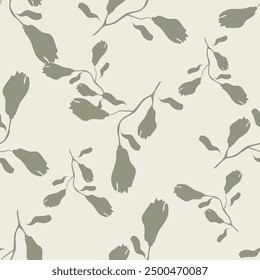 Aesthetic contemporary printable seamless pattern with branches and leaves on dark background. Modern floral print for textile, fabric, wallpaper, wrapping, gift wrap, paper, scrapbook and packaging