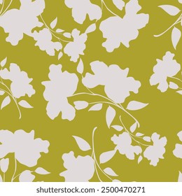 Aesthetic contemporary printable seamless pattern with branches and leaves on dark background. Modern floral print for textile, fabric, wallpaper, wrapping, gift wrap, paper, scrapbook and packaging