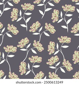 Aesthetic contemporary printable seamless pattern with branches and leaves on dark background. Modern floral print for textile, fabric, wallpaper, wrapping, gift wrap, paper, scrapbook and packaging