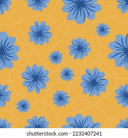 Ästhetisches, nahtloses Muster mit blauen Blumen auf gelbem Hintergrund. Moderner Blumendruck für Textilien, Gewebe, Tapeten, Umhüllungen, Geschenkverpackungen, Papier, Scrapie und Verpackungen