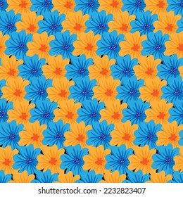 Patrón estético contemporáneo sin costuras con flores azules y amarillas. Impresión floral moderna para textiles, tejidos, papel pintado, envoltura, envoltura de regalo, papel, libro de chatarra y embalaje