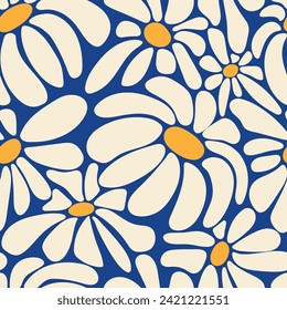 Patrón estético contemporáneo sin costuras con flores de margarita. Camomiles blancos en azul. Impresión floral moderna para textiles, tejidos, papel pintado, envoltura, envoltura de regalo, papel, libro de chatarra y embalaje